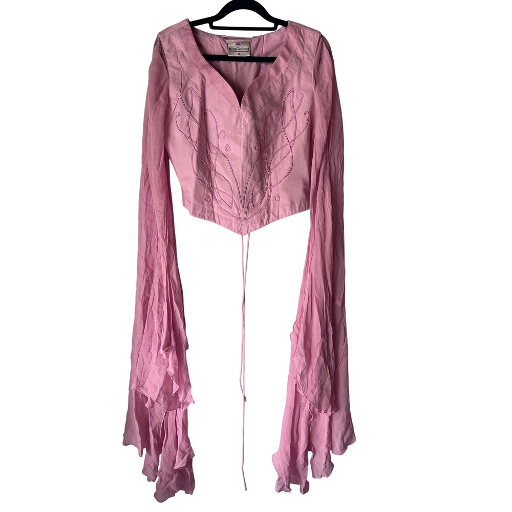 HolyClothing Pink Embroidered Bell Sleeve Lace Up Renaissance Crop Top Small